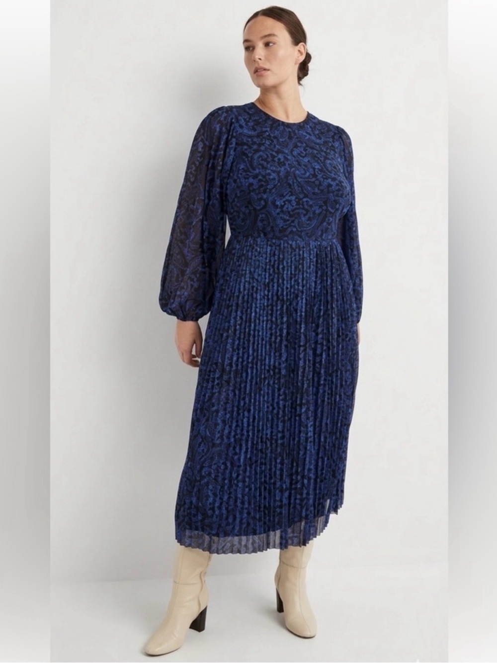 Boden Blue Floral Pleated Midi Dress 8P